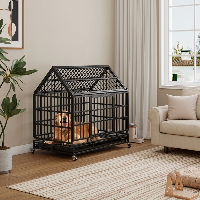 48" Heavy Duty Dog Crate with Wheels & Removable Tray, Folding Metal Cage with Pointed Roof for Large & Medium Dogs - Nertpow