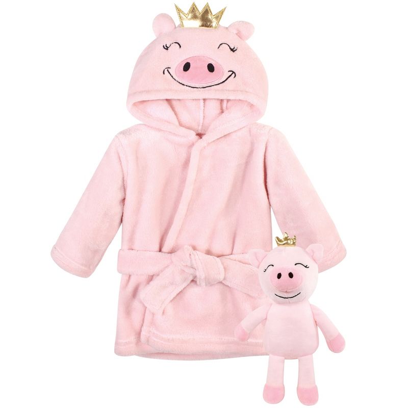 Hudson Baby Infant Girl Plush Bathrobe and Toy Set, Pig, One Size, 1 of 5