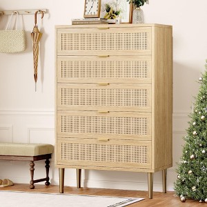 5 Drawer Dresser, 44'' Modern Chest of Drawers with Gold Legs and Handles, Boho Wide Double Dresser - 1 of 4