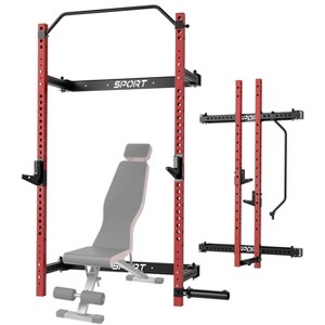 Folding Squat Rack for Home Gym, 1000 LBS Capacity Heavy Duty Wall Mount Power Rack with Adjustable Pull Up Bar, J Hooks, Landmine, Black and Red - 1 of 4