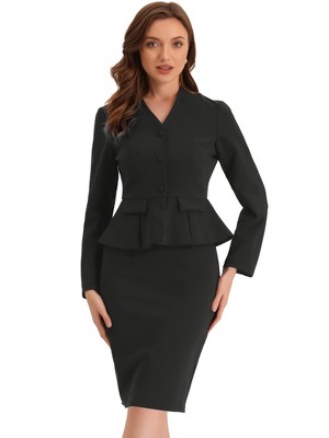 INSPIRE CHIC Women's Long Sleeve Collarless Peplum Blazer and Pencil Skirts Suit Set 2 Pcs