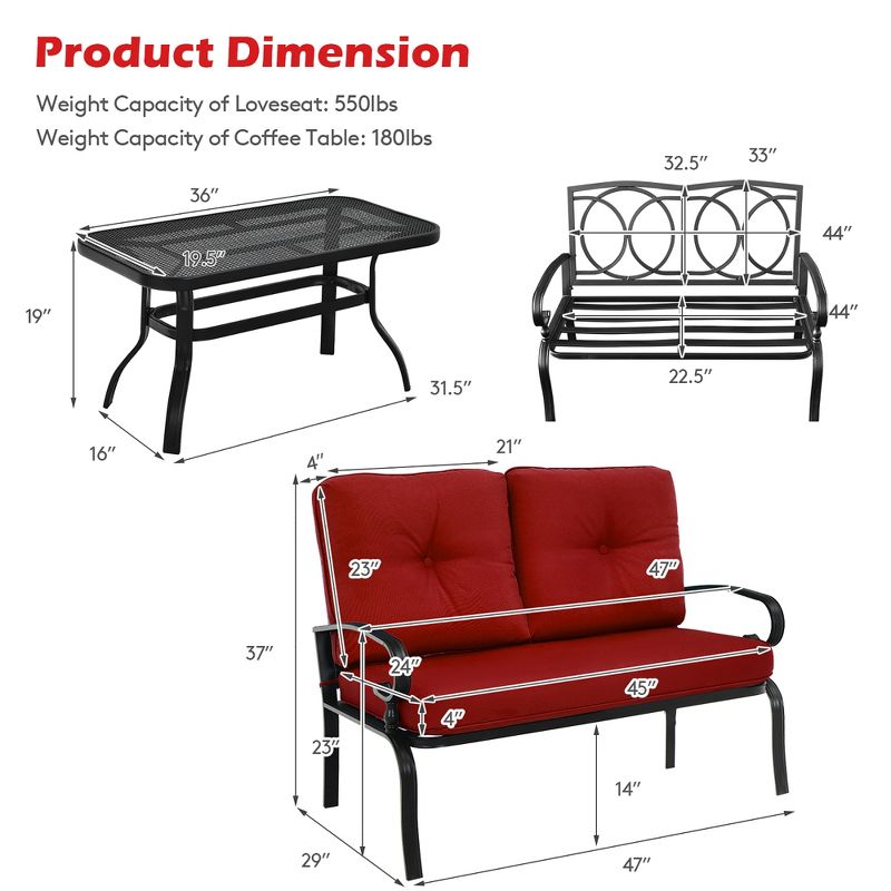 Costway 2PCS Patio Loveseat Bench Table Furniture Set Cushioned Chair, 3 of 11