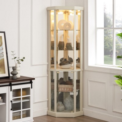 Syemin Decorative Storage Cabinets Corner Curio Cabinet, Collectibles Display Case, Glass Storage Cabinets, White, 16.5"*16.5"*69.85"