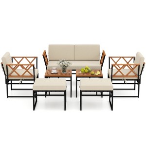 Tangkula Set Of 7 Outdoor Furniture Set Patio Acacia Wood Cushioned Sectional Sofa Set with Square Coffee Table and Ottomans - 1 of 4