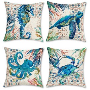 Nautical Coastal Ocean Throw Pillow Covers 18 x 18 Inch Set of 4 Sea Turtle Seahorse Octopus - 1 of 4