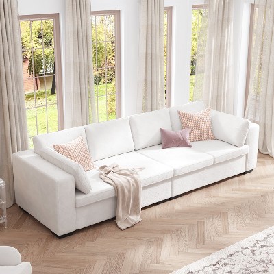 Famapy Off-White Chenille 4 Seater Sofa Wooden Frame with Plush Cushions and Matte Finish