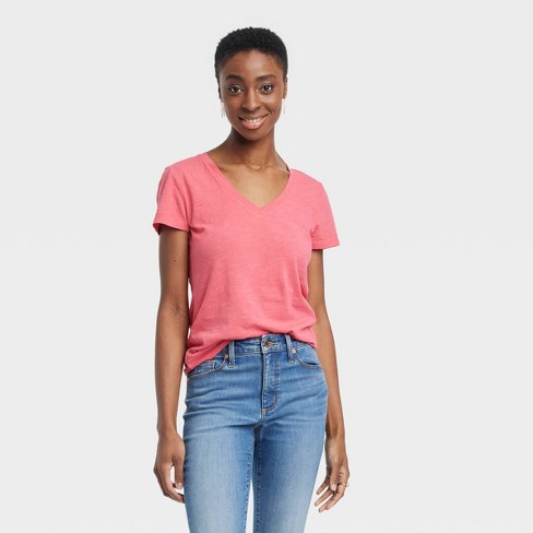 Women's Fitted V-neck Short Sleeve T-shirt - Universal Thread™ Pink M : Target