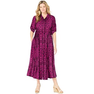 Woman Within Plus Size Petite Roll-Tab Sleeve Crinkle Shirtdress - 1 of 4