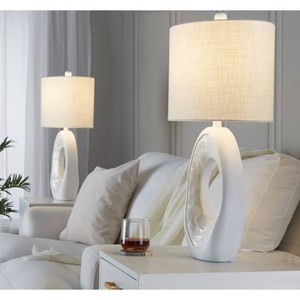 LumiSource (Set of 2) Pearl 29" Contemporary Table Lamps Matte White Poly, Natural Shell and White Linen Shade - 1 of 4