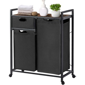 Large Rustic Brown & Black Laundry Basket with Wheels, 3 Compartments, 60L Capacity, Floor Mount, Laundry Room & Bathroom - 1 of 4