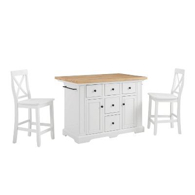 Julia 50'' White Kitchen Island Set with 2 X-Back Stools