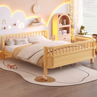 Lycvki Wood Platform Bed with Safety Guardrails and Detachable Fence