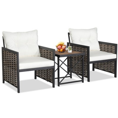 Tangkula Outdoor 3 Pieces Patio Rattan Chair & Coffee Table Set Furniture Set Backyard Poolside