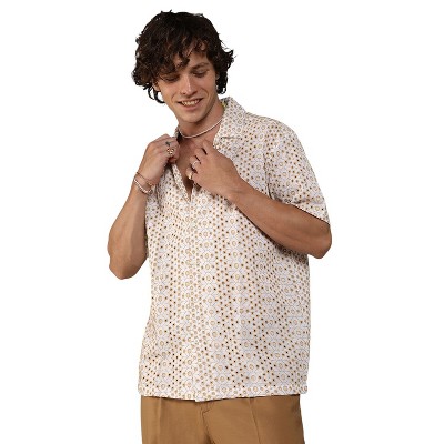 Campus Sutra Men Men's Off-White & Tan Brown Embroidered Circular Shirt