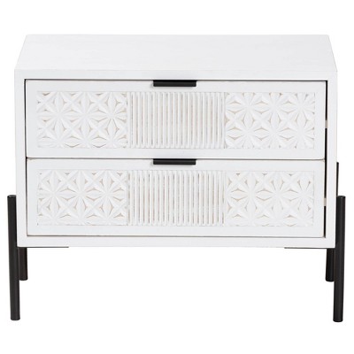 Baxton Studio Merryn Wood and Metal 2 Drawer Storage Cabinet: Mid-Century Design, Carved Detailing