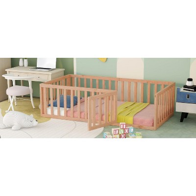 NicBex Twin Size Wood Montessori Bed with Safety Fence,Floor Bed Frame with Door,Modern Toddler Bed for Bedroom,Natural