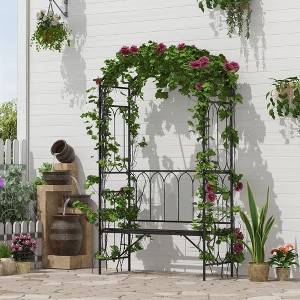 Gulches Metal Trellis Arbor Arch for Climbing Plants with Garden Bench, Grow Grapes & Vines, Patio Decor & Outdoor Steel Decorative Seating,Black - 1 of 4