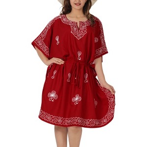 LA LEELA Women's House Daily Routine Evening Wear Tunic Dress for Women Vacation Coverup Mini Casual Ladies Bikini Holiday Kaftan 2X-3X Red, Solid - 1 of 4