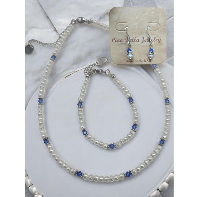 september sapphire blue crystal/silver accents/white pearl necklace, bracelet earring set