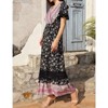 Coolmee Women's Summer Dress Boho Floral V Neck Dress Short Sleeve Beach Dress Ruffle Bohemian Maxi Dress Black S - 4 of 4