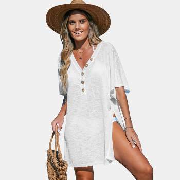 Women's Heather White Short Sleeve Jersey Cover-Up Dress - Cupshe