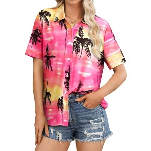 Nlife Womens Button Down Hawaiian Shirts Short Sleeve Floral Print Summer V Neck T-Shirt Casual Summer Beach Blouses Tops - 1 of 4