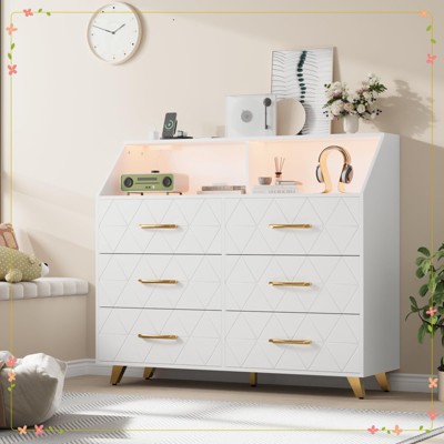 Bedroom Dresser with LED Lights & Charging Station, Wood 6 Drawer Dresser for Bedroom