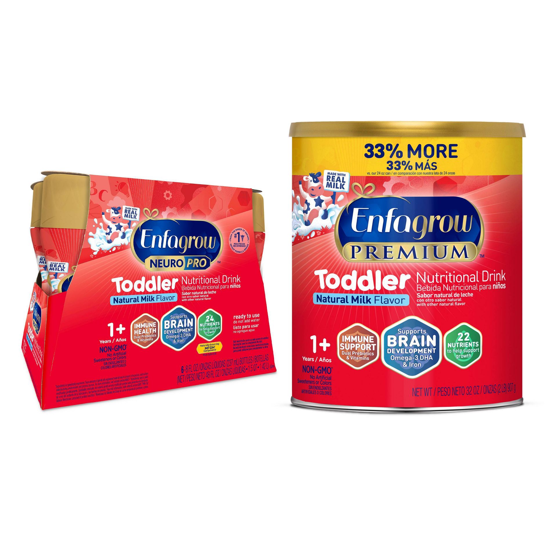 Enfagrow 6 Count/8 fl oz Each NeuroPro Ready to Feed Toddler Formula Bottles + 32oz Premium Powder Toddler Formula