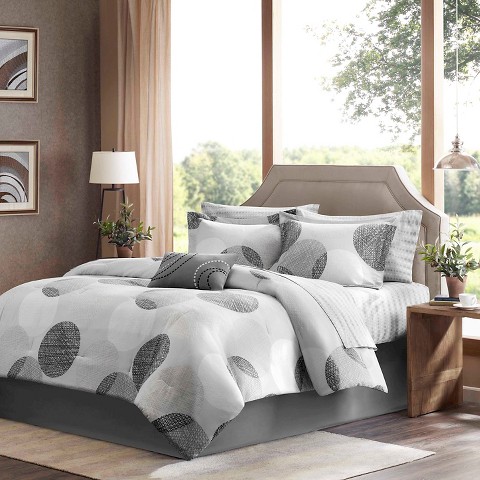 Madison Park Cabrillo Comforter Set (Full) Gray 9pc: Microfiber Bedding, Embroidered, OEKO-TEX Certified