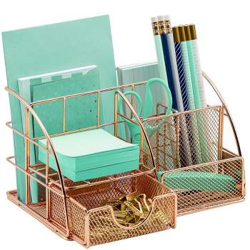 Sorbus Desk Organizer Office Organization, All-in-One Stylish Mesh Desktop Includes Pen/Pencil Holder, Mail Organizer, and Sliding Drawer (Rose Gold)
