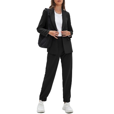 EXLURA Women's Business One Button Blazer Jacket High Elastic Waist Pant Suit Set Casual Loose 2 Piece Suits Office Work