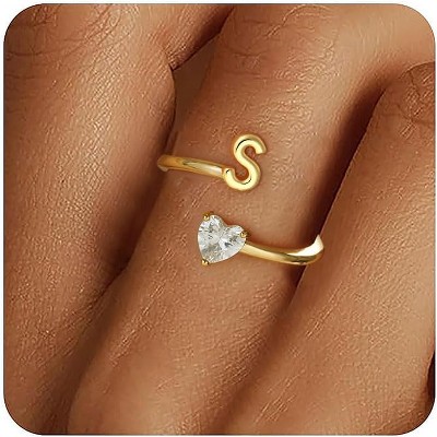 Adjustable Initial Ring - 18K Gold Plated Letter A-Z with Zirconia Heart