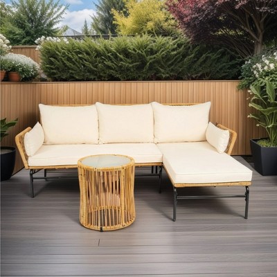 YOOCOZZ 3-Piece Outdoor Patio Rattan Sofa Set with a Table and High-Density Cushions - Light Yellow