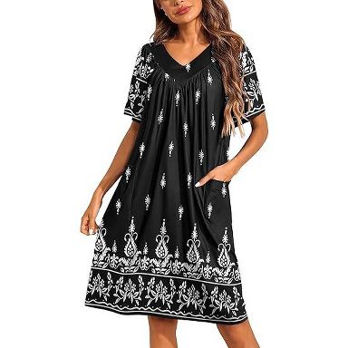 Ekouaer Womens House Dress Floral Print Moo Moos Nightgowns Moomoo Dresses Mumus with Pockets Black2 L