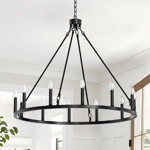 BAOURE Black Wagon Wheel Chandelier 12 Lights Round Chandeliers for Dining Room Light Fixture, Farmhouse Chandeliers for Entryway Living Room - 1 of 4