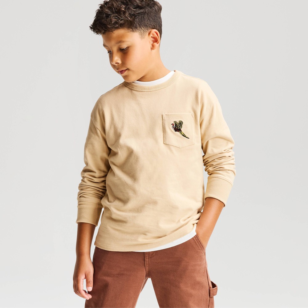 Boys' Long Sleeve 100% Cotton Relaxed Fit Embroidered Pocket T-Shirt - Cat & Jack™ Khaki XS