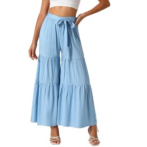 INSPIRE CHIC Women's Boho Elastic High Waist Tie Belt Ruffle Hem Wide Leg Palazzo Pants - 1 of 4