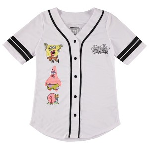 Ladies Spongebob Squarepants Baseball Jersey - Spongebob, Mr Krabs, Squidward, Patrick Star - Mesh Button Down Baseball Jersey (White Baseball, Large) - 1 of 4
