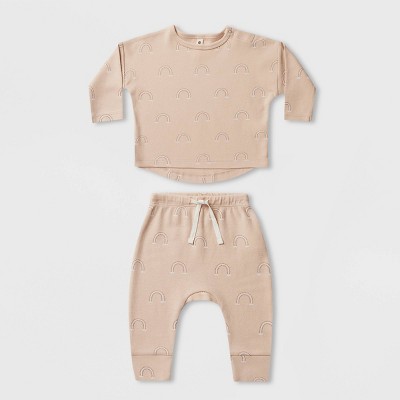 Image of Q by Quincy Mae Baby 2pc Rainbow Brushed Jersey Long Sleeve Top & Pants Set - Rose Pink 3-6M