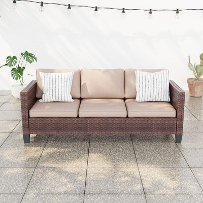 Sonkuki Outdoor Wicker Patio 3-Seat Sofa, PE Rattan Conversation Set With All-Weather Cushions