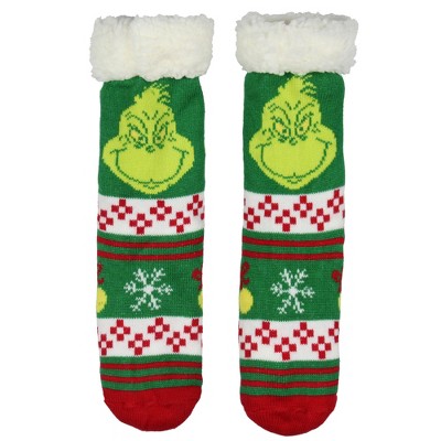 Dr Seuss GRINCH Adult Fair Isle Sweater Knit Lined Slipper Socks For Men and Women Multicoloured