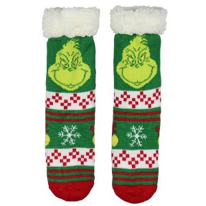 Dr Seuss GRINCH Adult Fair Isle Sweater Knit Lined Slipper Socks For Men and Women Multicoloured - 1 of 4