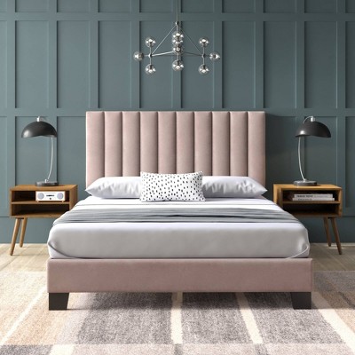 Blush Pink Contemporary Queen Upholstered Platform Bed with Nightstands