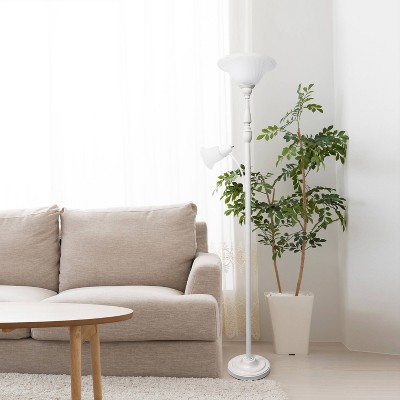 Elegant White Torchiere Floor Lamp with Marble Glass Shade and Reading Light