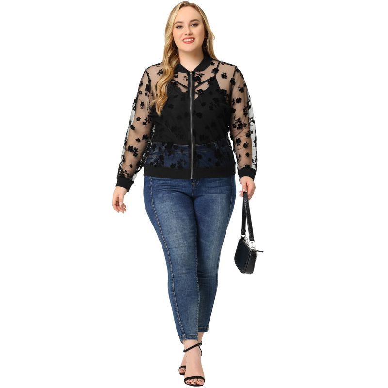 Agnes Orinda Women's Plus Size Bomber Mesh Sheer Floral Lace Long Sleeve Fashion Jackets, 3 of 7