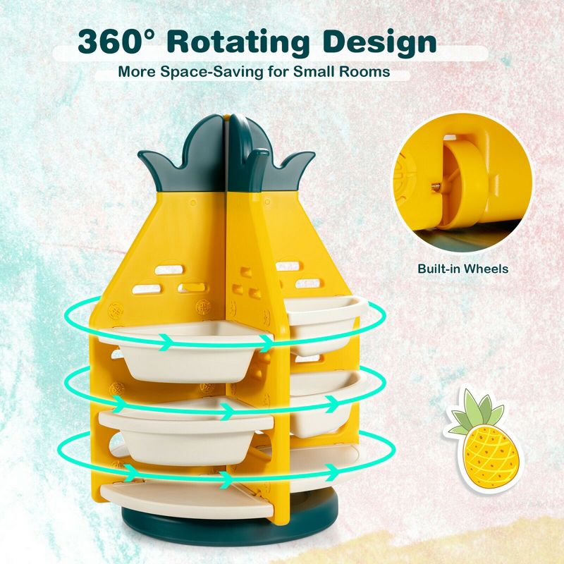 Costway Kids Toy Storage Organizer 360° Revolving Pineapple Shelf w/Plastic Bins, 5 of 13