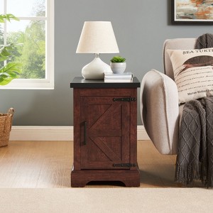 TIRAMISUBEST Farmhouse end table Nightstand Rectangular Farmhouse End Table with Barn Door and Adjustable Storage Shelf - Oak Mobile Fil... - 1 of 4
