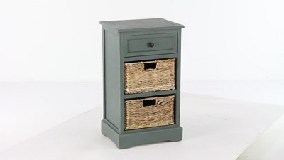 Teal Solid Wood Rectangular Side Table with Seagrass Baskets and Drawer