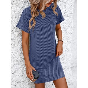 Women's Short Sleeve Dress Round Neck Casual Pocket Sundress Summer Dress - 1 of 4