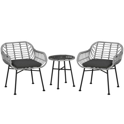 Outsunny 3-Piece Patio Rattan Chair and Table Furniture Set, Outdoor Bistro Set with Two Chairs and Coffee Table for Garden, or Backyard